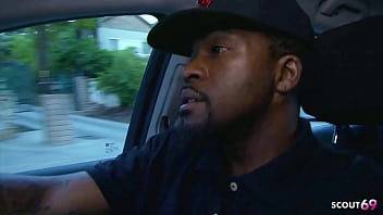 Brown skin ebony bitch with saggy tits and slim body at first time ffm 3some fuck with two big dick black guys