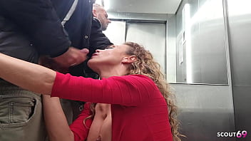 German curly hair mature wife talk to quick risky cheating fuck at public elevator with stranger