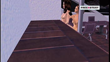 An animated 3d porn of lesbian threesome sex three girls fucking each other in standing position against the wall using strapons