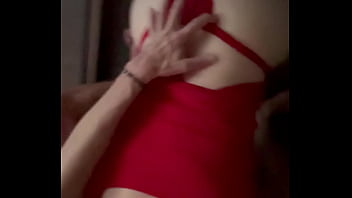 Step sister in red lingerie loves breakfast with a big cock cumming in her mouth