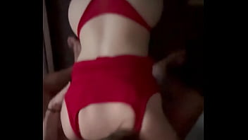 Step sister in red lingerie loves breakfast with a big cock cumming in her mouth