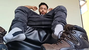 Young man with hat and jeans strips naked and cums very hot