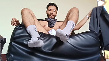 Young man with hat and jeans strips naked and cums very hot