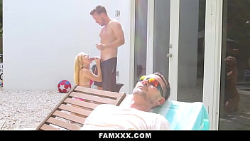 Step sis sucks him out back by the pool while step dad is in the sun famxxx