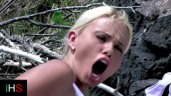 Amazing girl fucks with a black man on the beach and another one watches