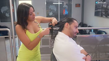 Slutty latina stylist seduces her favorite client and fucks him during his hair cut