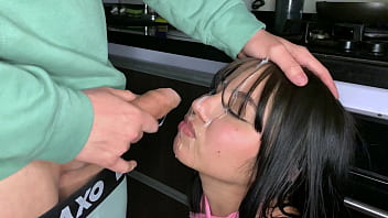 My roommate fuck me hard in the kitchen he cumshot on my cute face