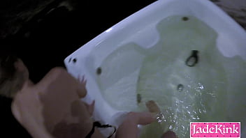 Neighbor's hotwife sucking big cock in bathtub outdoor