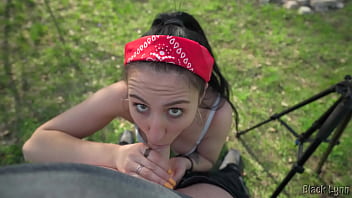 Horny brunette teen sucks and strips outdoors pov