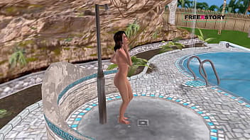 An animated cartoon 3d porn a cute girl giving sexy poses and taking shower near swimming pool
