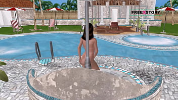 An animated cartoon 3d porn a cute girl giving sexy poses and taking shower near swimming pool