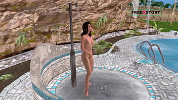An animated cartoon 3d porn a cute girl giving sexy poses and taking shower near swimming pool