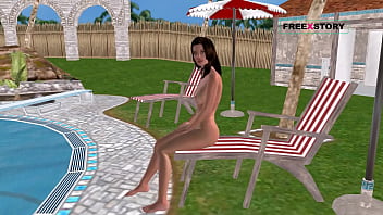 An animated cartoon 3d porn a cute girl giving sexy poses and taking shower near swimming pool