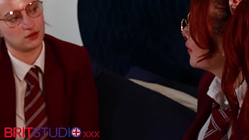 Two redhead uniformed students eat pussy and 69