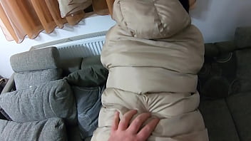 Ripped pantyhose & puffy downjacket – blowjob doggy & double cum on coats preview