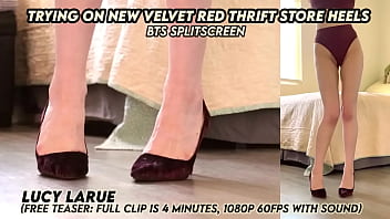 Trying on new velvet red thrift store heels bts splitscreen