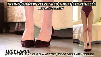 Trying on new velvet red thrift store heels bts splitscreen