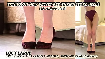 Trying on new velvet red thrift store heels bts splitscreen