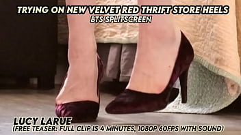 Trying on new velvet red thrift store heels bts splitscreen