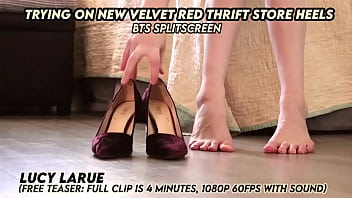 Trying on new velvet red thrift store heels bts splitscreen