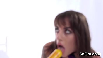 Lesbo cutie gets her shaved muff and butthole fist fucked