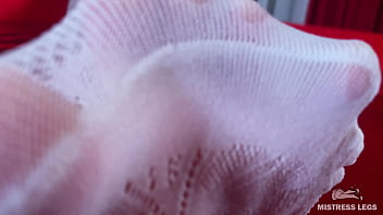 I sat on the edge of bath tub in cute white fishnets and stretch my legs to you face