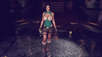 Buxom pretty lara croft in ripped clothe sensually posing in ancient temple