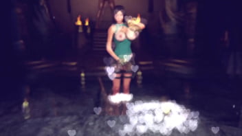 Buxom pretty lara croft in ripped clothe sensually posing in ancient temple