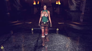 Buxom pretty lara croft in ripped clothe sensually posing in ancient temple