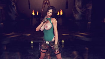 Buxom pretty lara croft in ripped clothe sensually posing in ancient temple