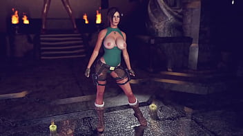 Buxom pretty lara croft in ripped clothe sensually posing in ancient temple