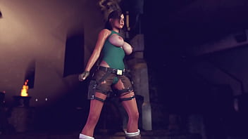 Buxom pretty lara croft in ripped clothe sensually posing in ancient temple