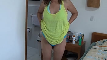 Stepson shows me his big hard cock and asks me to masturbate before going to the beach