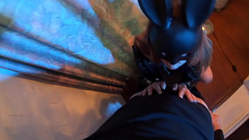 Lustful slut in black rabbit mask leather belts and leather jacket sucks cock and swallows cum fetish blowjob pov
