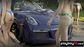 Exotic beauty and her naughty nude gfs washing a car
