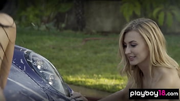 Exotic beauty and her naughty nude gfs washing a car