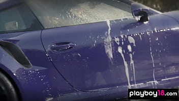 Exotic beauty and her naughty nude gfs washing a car