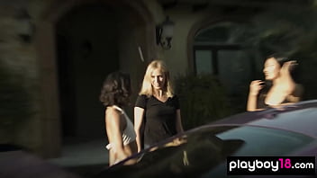 Exotic beauty and her naughty nude gfs washing a car