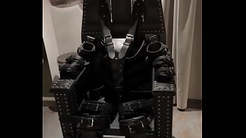 Before and after super heavy bondage chair rubber catsuit studio gum mask and blow up collar
