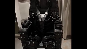 Before and after super heavy bondage chair rubber catsuit studio gum mask and blow up collar
