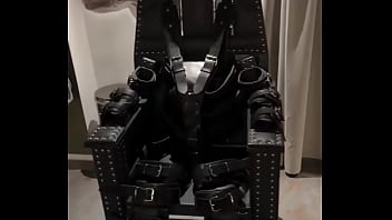 Before and after super heavy bondage chair rubber catsuit studio gum mask and blow up collar