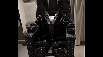 Before and after super heavy bondage chair rubber catsuit studio gum mask and blow up collar
