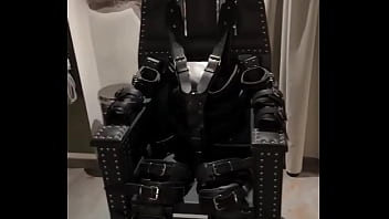 Before and after super heavy bondage chair rubber catsuit studio gum mask and blow up collar
