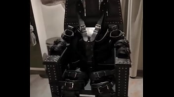 Before and after super heavy bondage chair rubber catsuit studio gum mask and blow up collar