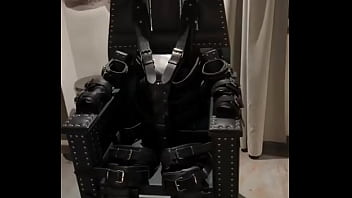 Before and after super heavy bondage chair rubber catsuit studio gum mask and blow up collar