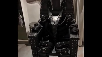Before and after super heavy bondage chair rubber catsuit studio gum mask and blow up collar