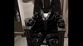 Before and after super heavy bondage chair rubber catsuit studio gum mask and blow up collar