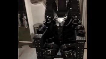 Before and after super heavy bondage chair rubber catsuit studio gum mask and blow up collar