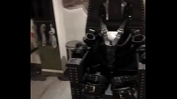 Before and after super heavy bondage chair rubber catsuit studio gum mask and blow up collar