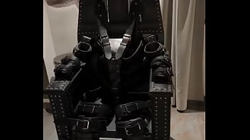 Before and after super heavy bondage chair rubber catsuit studio gum mask and blow up collar